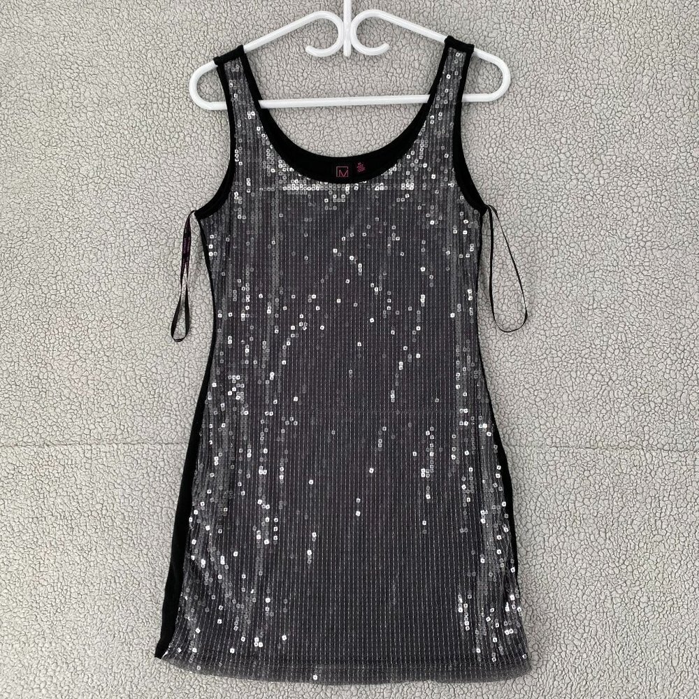 Material Girl Tank Top Womens Size Medium Silver Sequins Front Dark Black Back